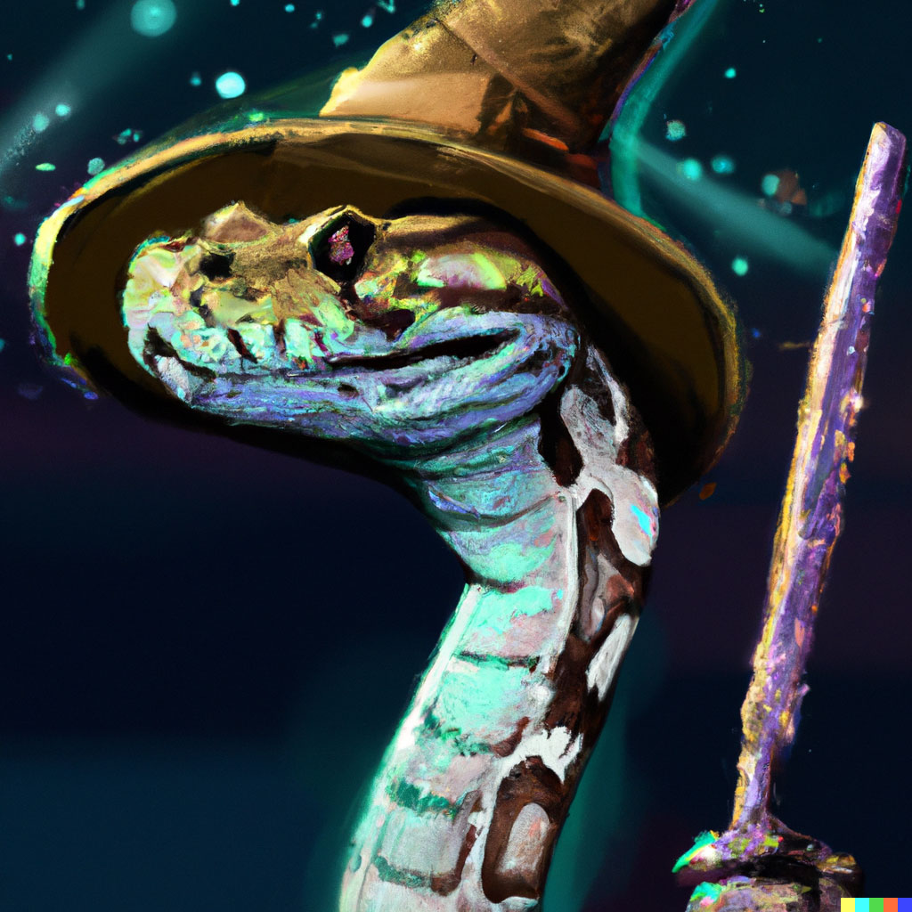 DALL·E prompt: python snake wearing a wizard hat holding a magic wand, cyberpunk digital art